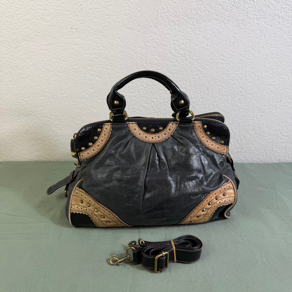 Betsey Johnson Black Tan Studded Leather Satchel Crossbody Bag Handbag